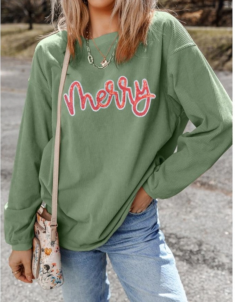 Grass Green Sequined merry Letter Graphic Twisted Ribbed Baggy Sweatshirt