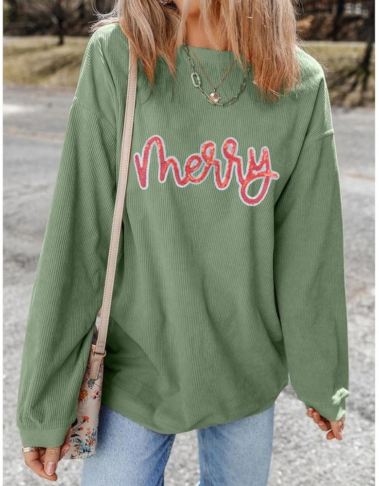 Grass Green Sequined merry Letter Graphic Twisted Ribbed Baggy Sweatshirt