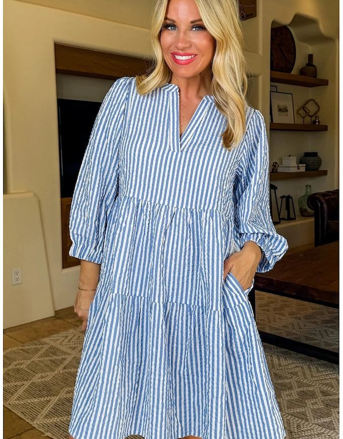 Sky Blue Stripe Bracelet Sleeve Tiered Shift Dress with Pockets
