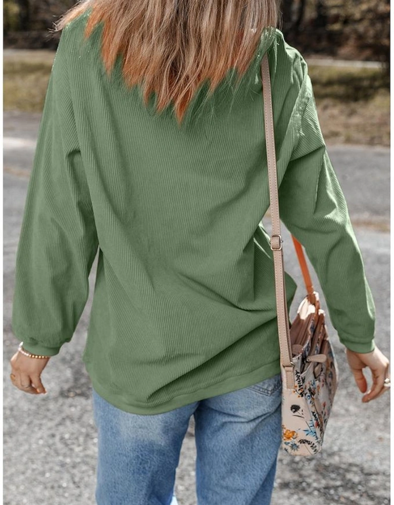 Grass Green Ribbed Four Leaf Clover Graphic St. Patricks Pullover Sweatshirt