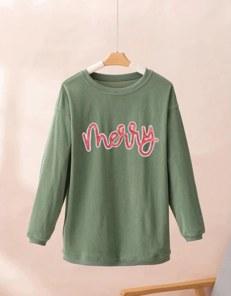 Grass Green Sequined merry Letter Graphic Twisted Ribbed Baggy Sweatshirt