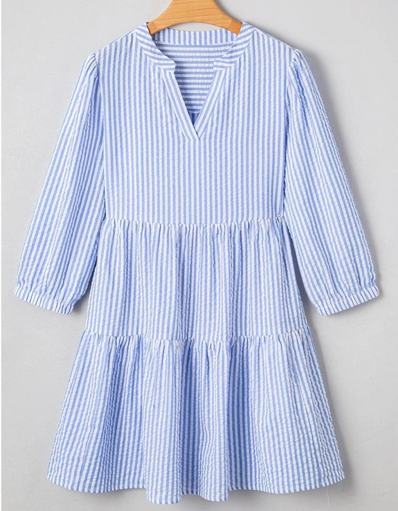 Sky Blue Stripe Bracelet Sleeve Tiered Shift Dress with Pockets