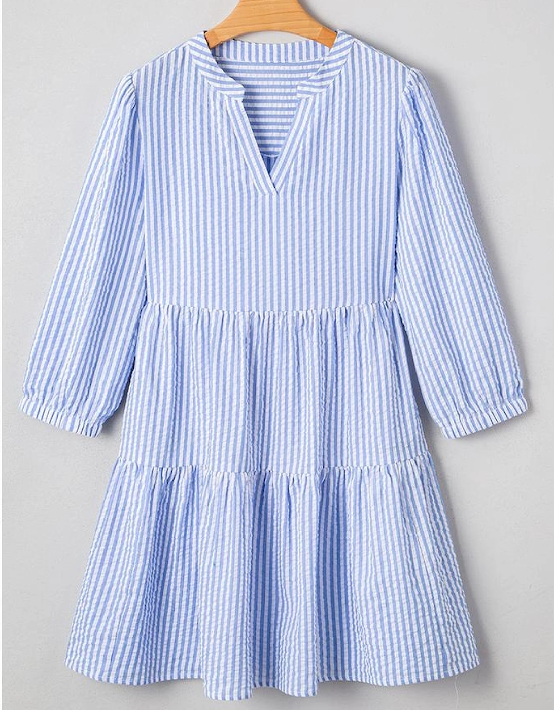 Sky Blue Stripe Bracelet Sleeve Tiered Shift Dress with Pockets