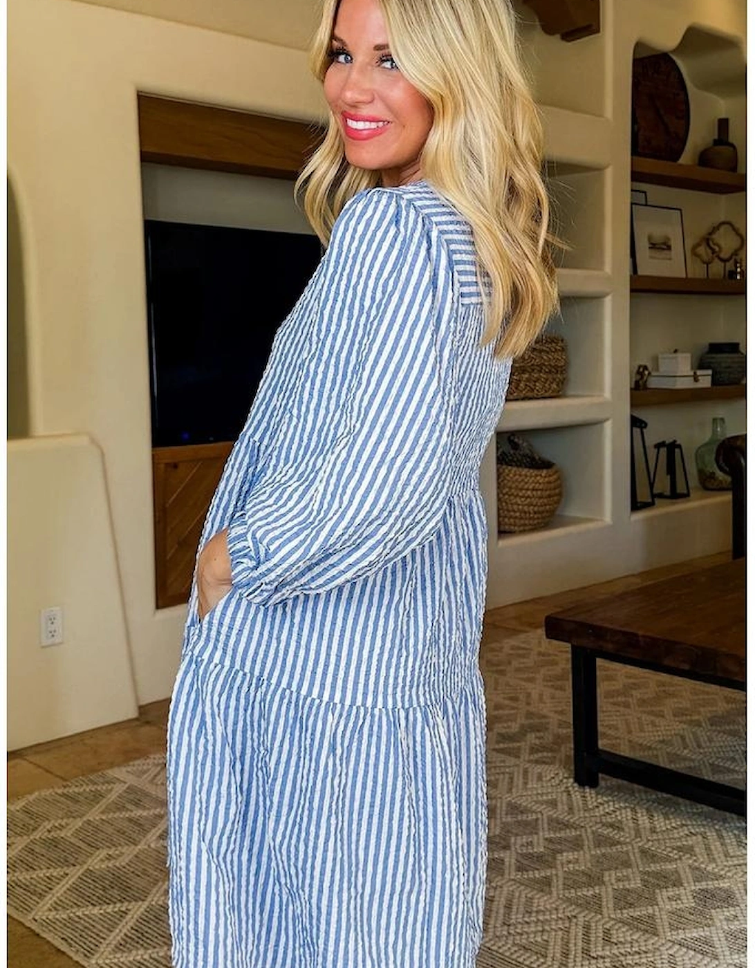 Sky Blue Stripe Bracelet Sleeve Tiered Shift Dress with Pockets, 15 of 14