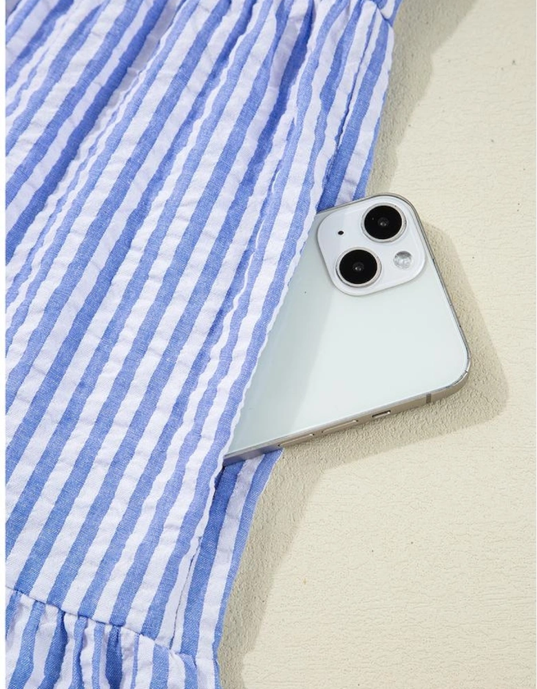 Sky Blue Stripe Bracelet Sleeve Tiered Shift Dress with Pockets