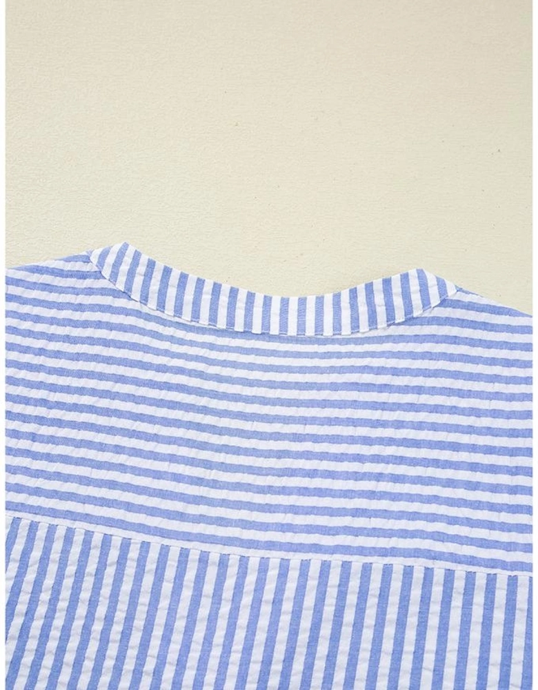 Sky Blue Stripe Bracelet Sleeve Tiered Shift Dress with Pockets