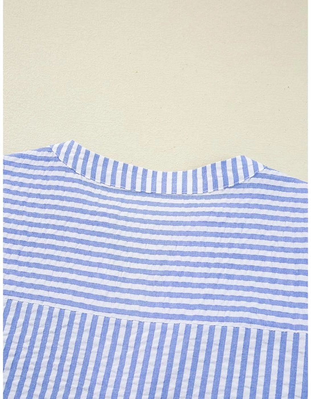 Sky Blue Stripe Bracelet Sleeve Tiered Shift Dress with Pockets