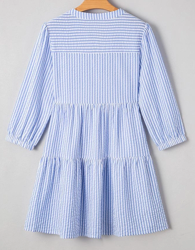 Sky Blue Stripe Bracelet Sleeve Tiered Shift Dress with Pockets