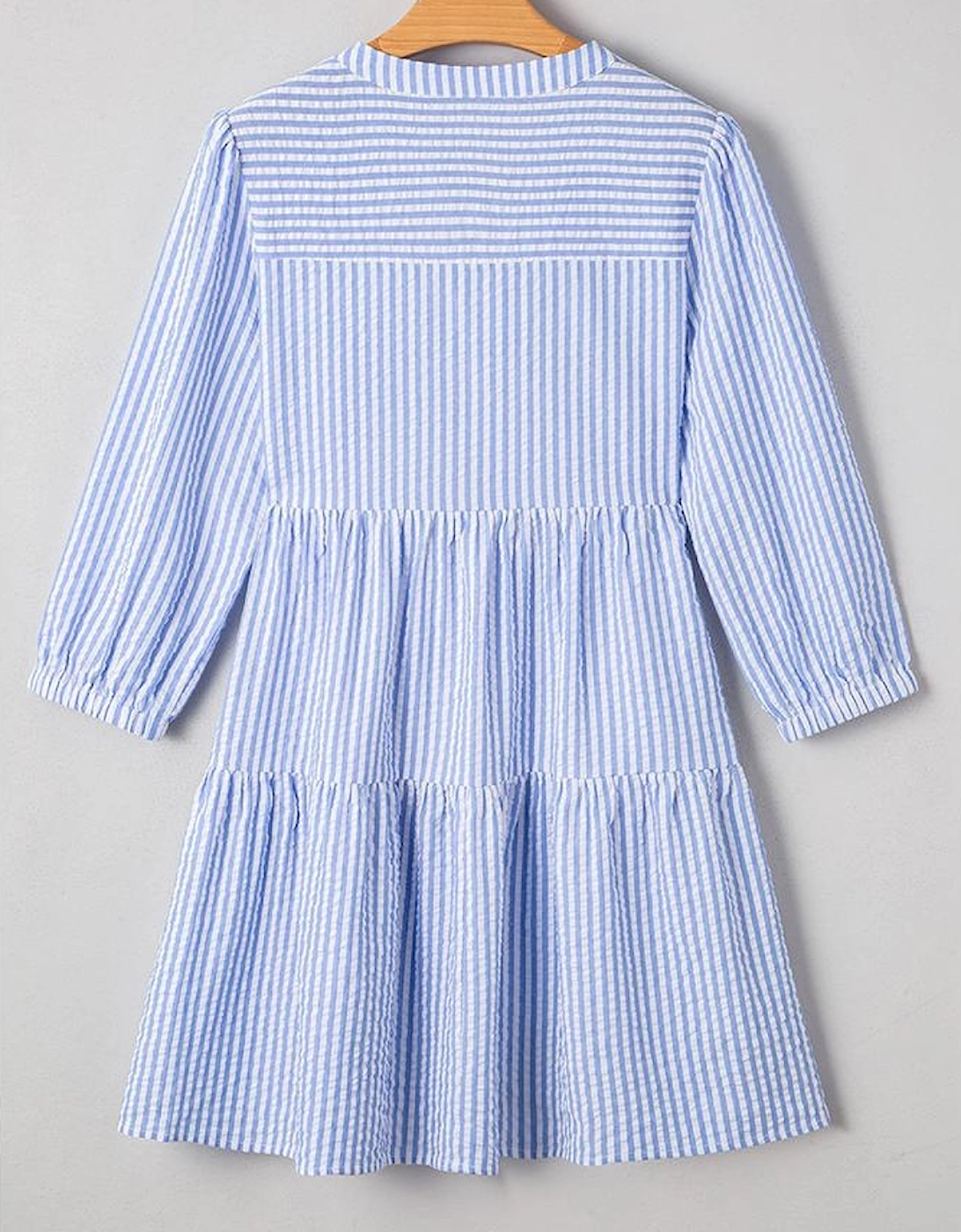 Sky Blue Stripe Bracelet Sleeve Tiered Shift Dress with Pockets