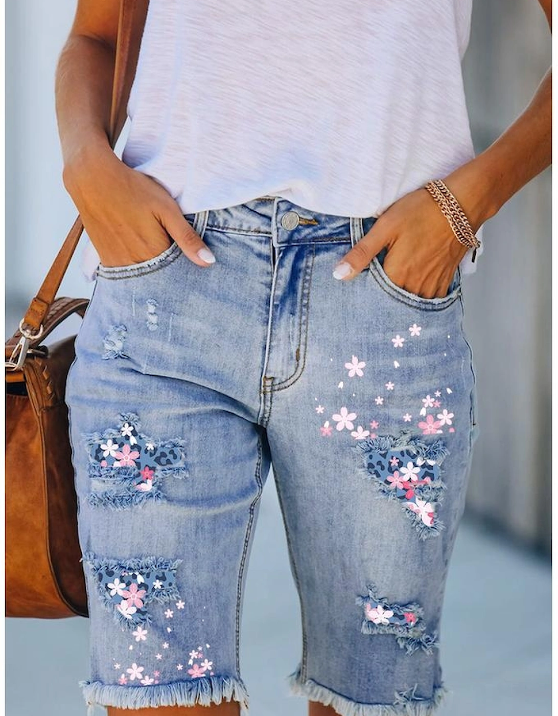 Sky Blue Flower Leopard Patchwork Slim Fit Distressed Denim Shorts, 3 of 2