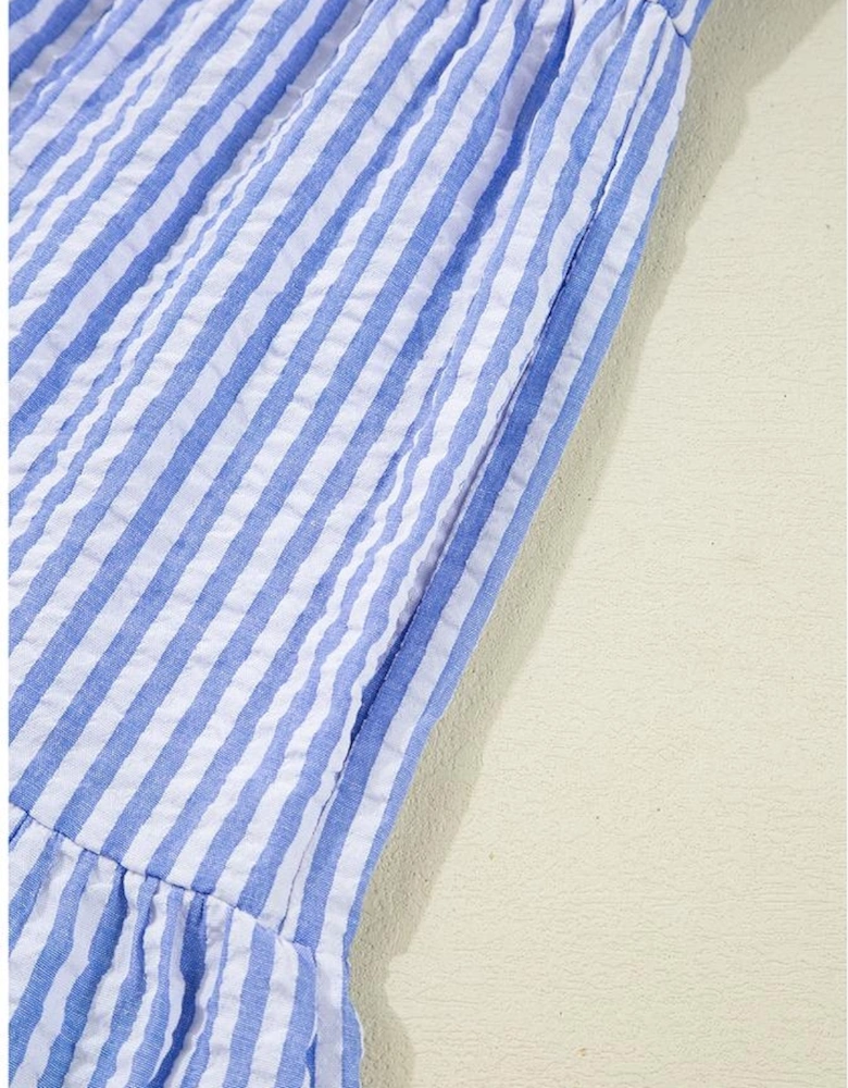 Sky Blue Stripe Bracelet Sleeve Tiered Shift Dress with Pockets