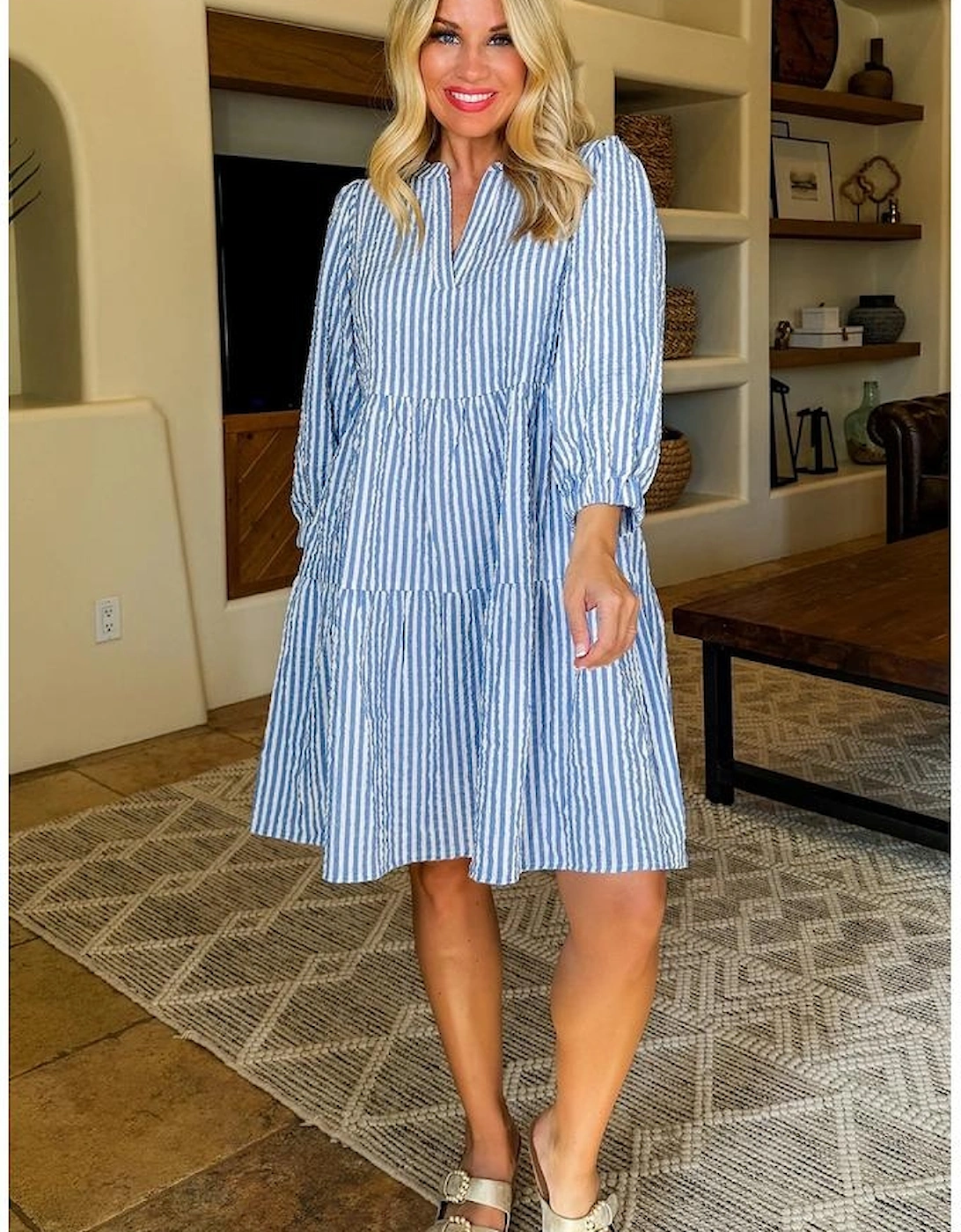 Sky Blue Stripe Bracelet Sleeve Tiered Shift Dress with Pockets