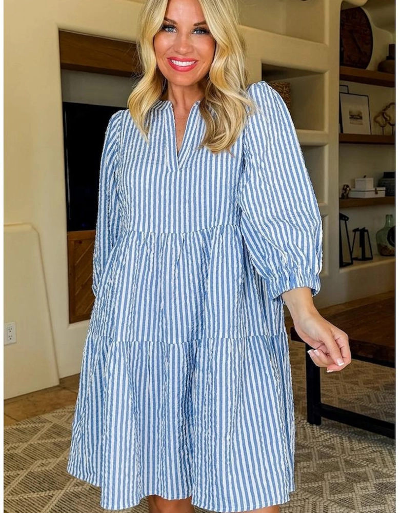 Sky Blue Stripe Bracelet Sleeve Tiered Shift Dress with Pockets