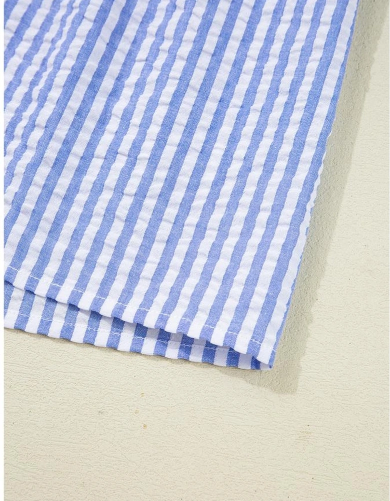 Sky Blue Stripe Bracelet Sleeve Tiered Shift Dress with Pockets