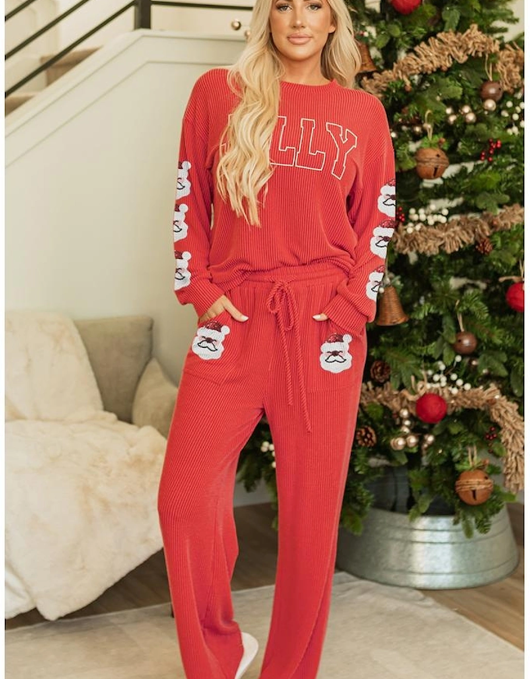 Fiery Red HOLLY Letter and Sequined Father Christmas Corded 2pcs Set