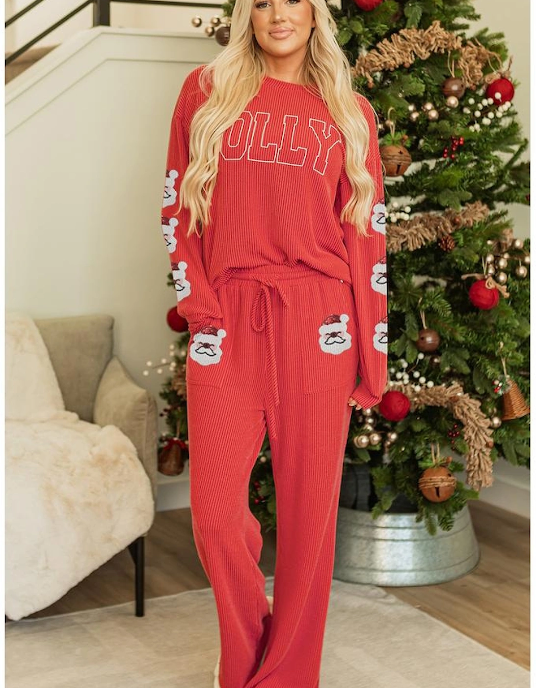 Fiery Red HOLLY Letter and Sequined Father Christmas Corded 2pcs Set