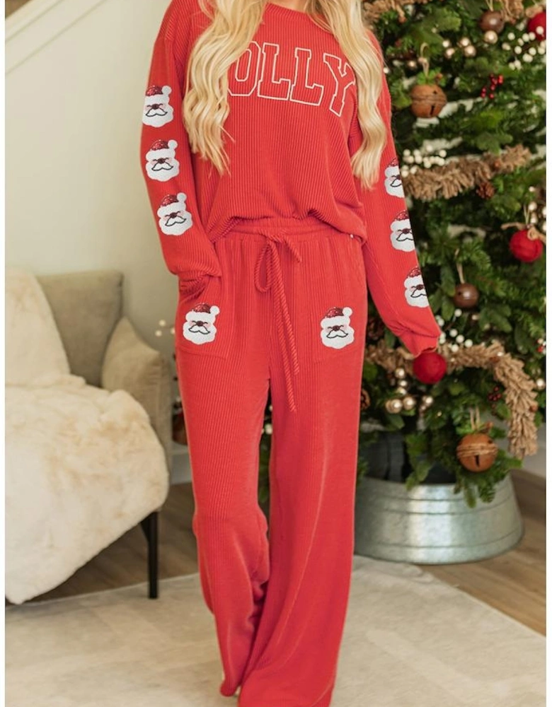 Fiery Red HOLLY Letter and Sequined Father Christmas Corded 2pcs Set