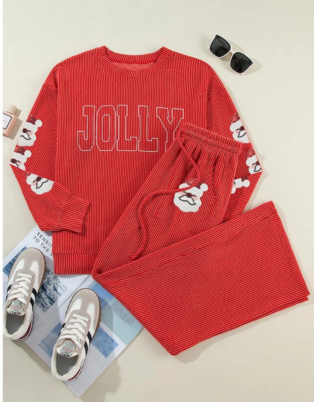 Fiery Red HOLLY Letter and Sequined Father Christmas Corded 2pcs Set