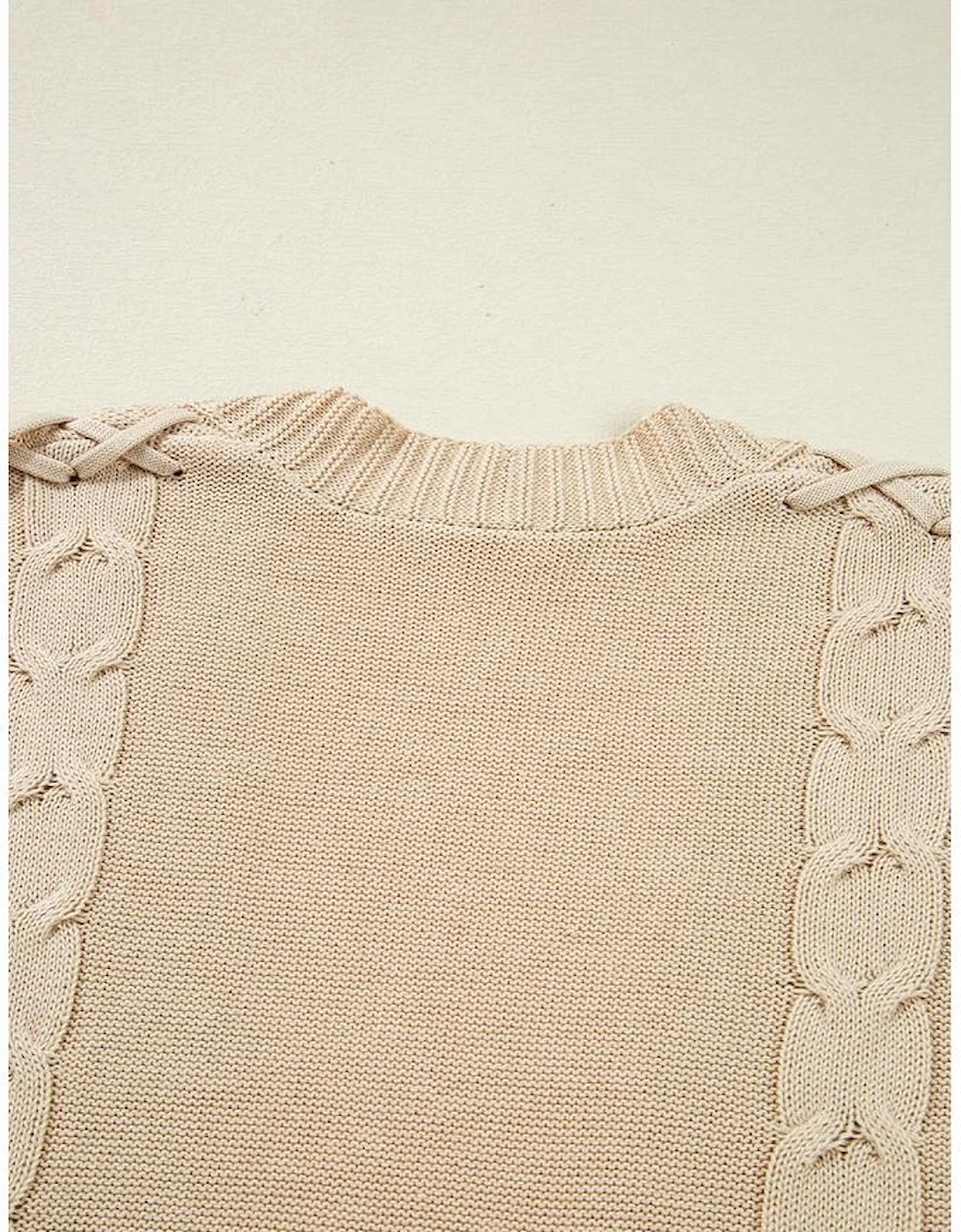 Parchment Cable Knit Braided Tie Sleeve Plus Size Open Cardigan