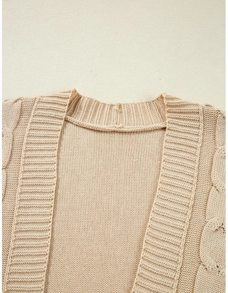 Parchment Cable Knit Braided Tie Sleeve Plus Size Open Cardigan