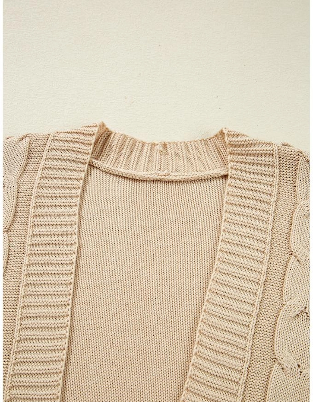Parchment Cable Knit Braided Tie Sleeve Plus Size Open Cardigan