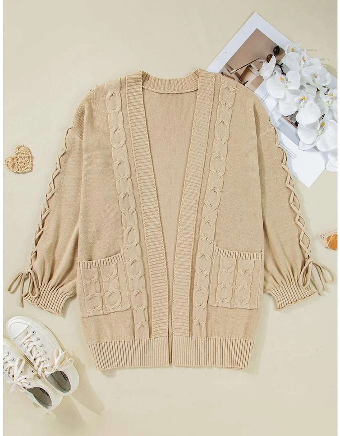 Parchment Cable Knit Braided Tie Sleeve Plus Size Open Cardigan