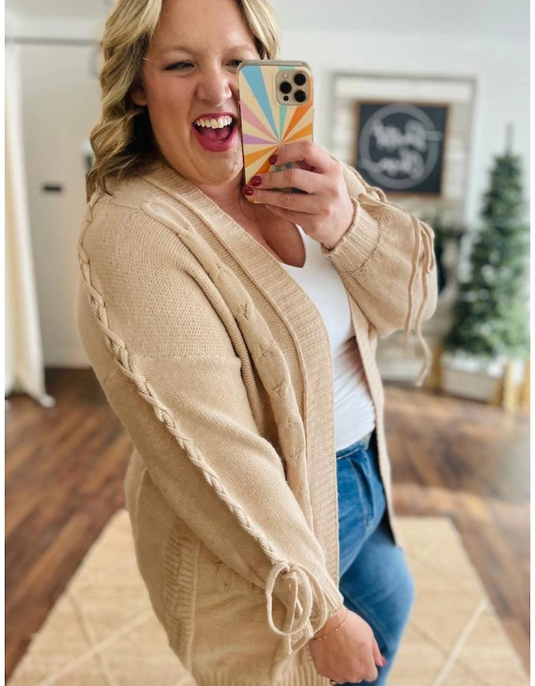 Parchment Cable Knit Braided Tie Sleeve Plus Size Open Cardigan