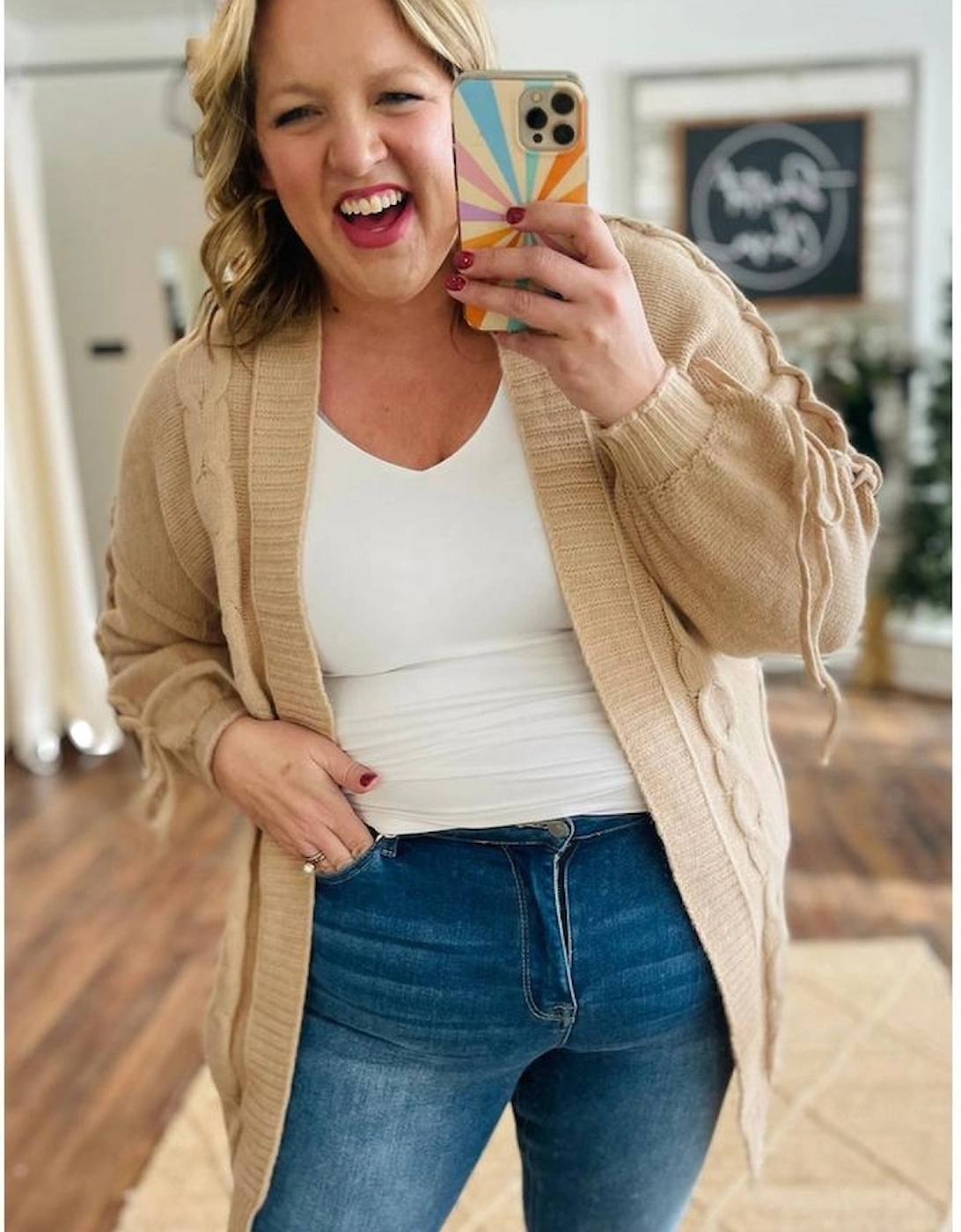 Parchment Cable Knit Braided Tie Sleeve Plus Size Open Cardigan