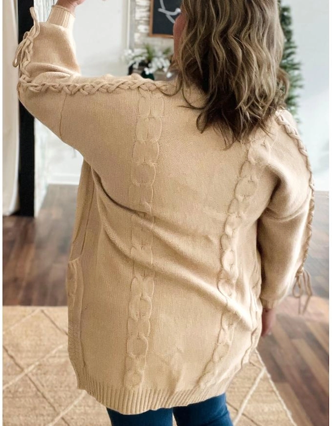 Parchment Cable Knit Braided Tie Sleeve Plus Size Open Cardigan, 16 of 15