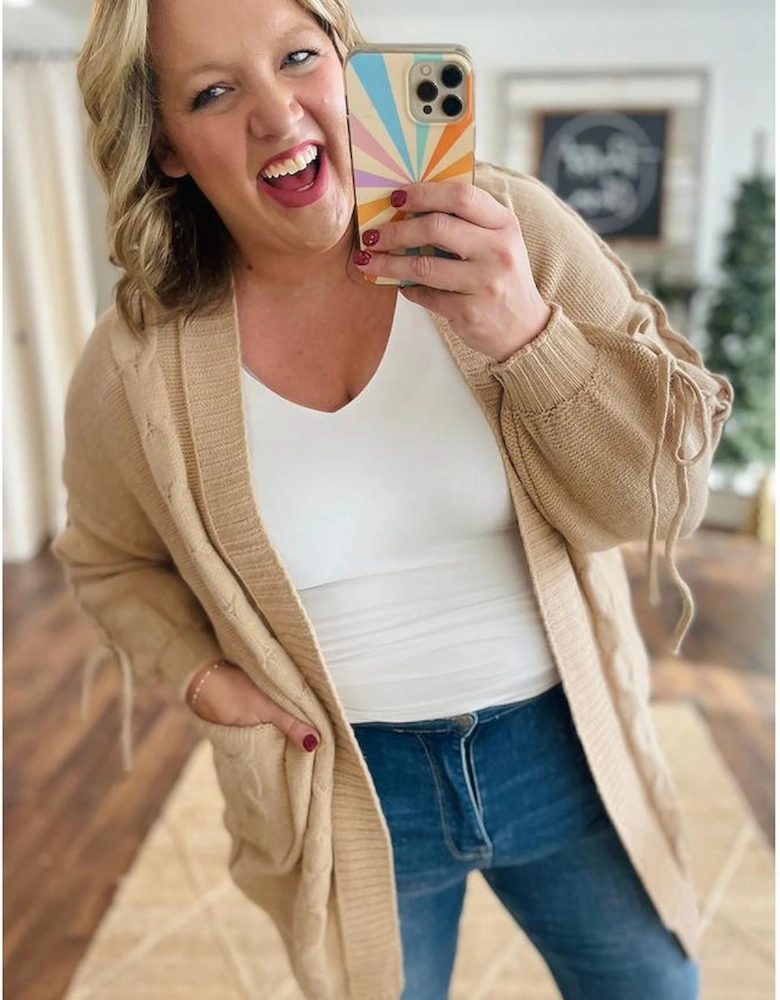 Parchment Cable Knit Braided Tie Sleeve Plus Size Open Cardigan