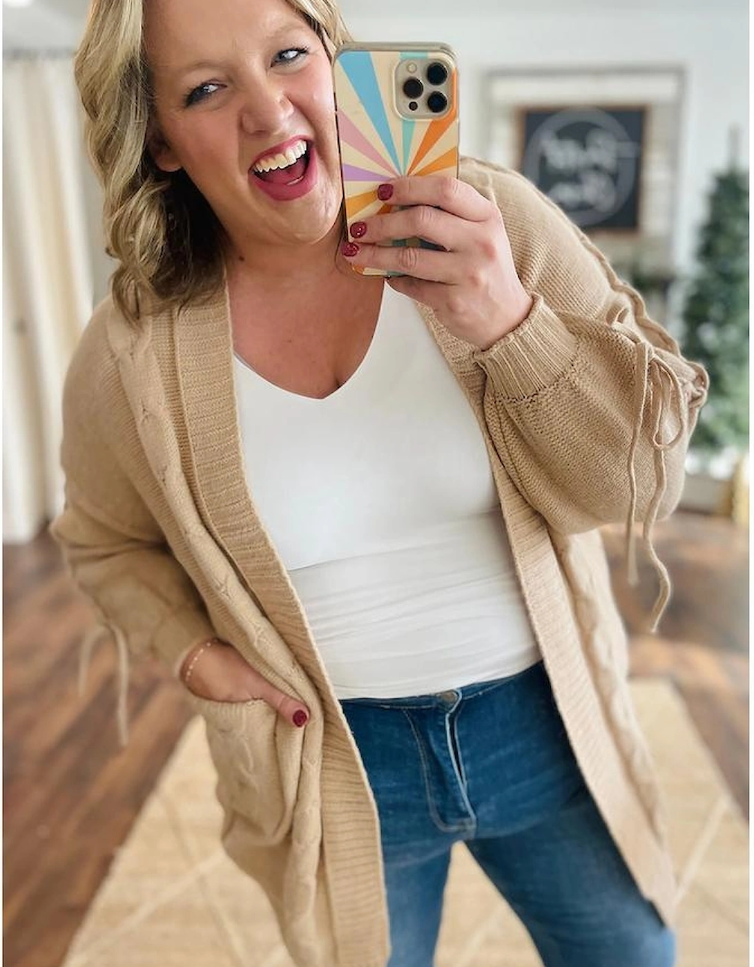 Parchment Cable Knit Braided Tie Sleeve Plus Size Open Cardigan