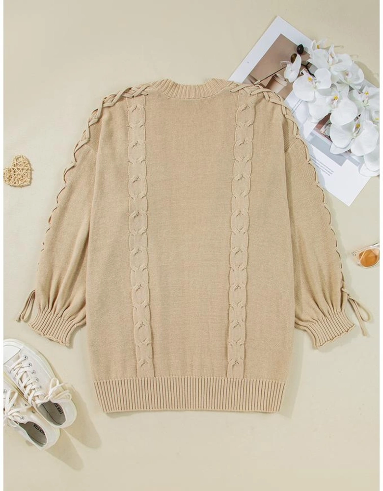 Parchment Cable Knit Braided Tie Sleeve Plus Size Open Cardigan