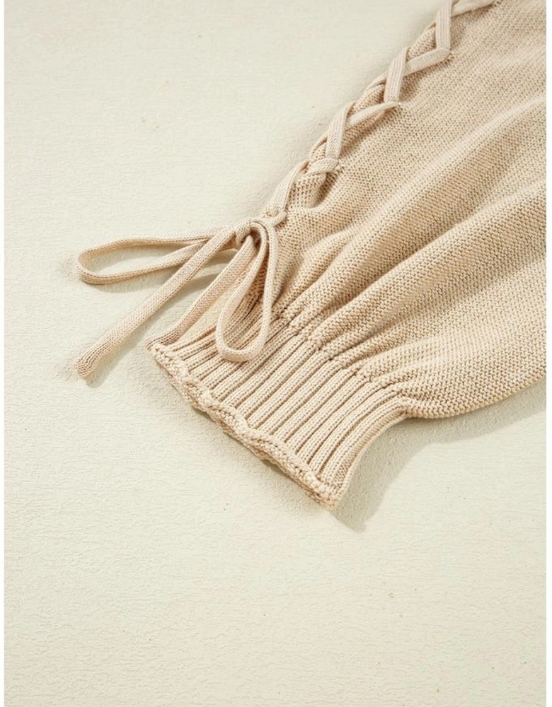 Parchment Cable Knit Braided Tie Sleeve Plus Size Open Cardigan