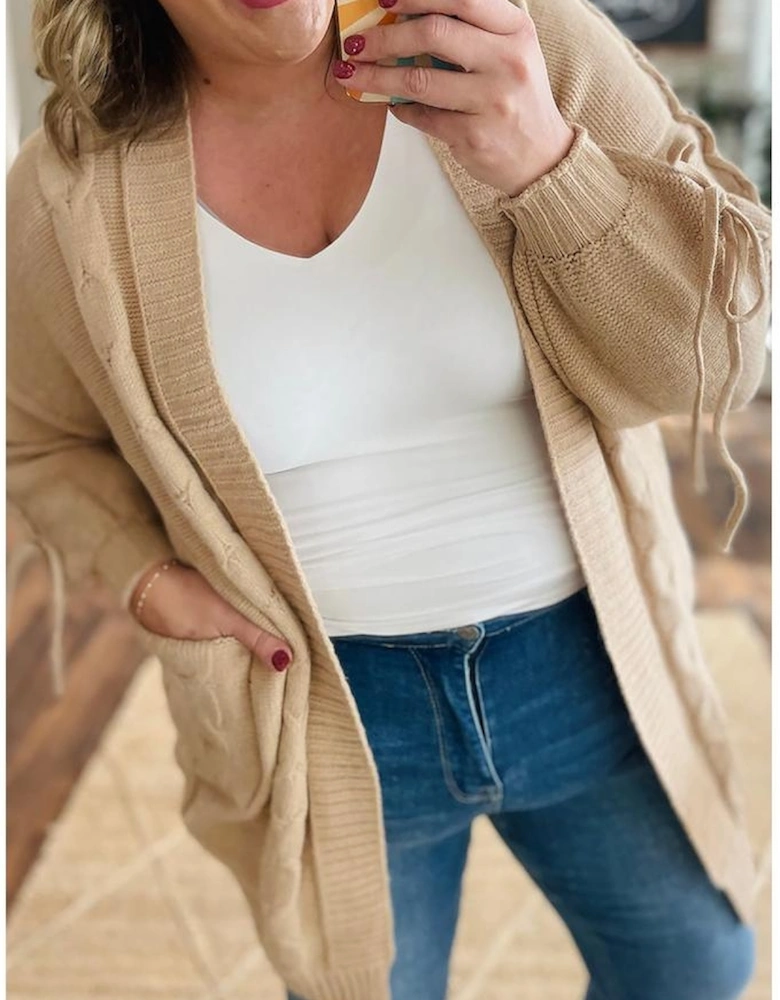 Parchment Cable Knit Braided Tie Sleeve Plus Size Open Cardigan