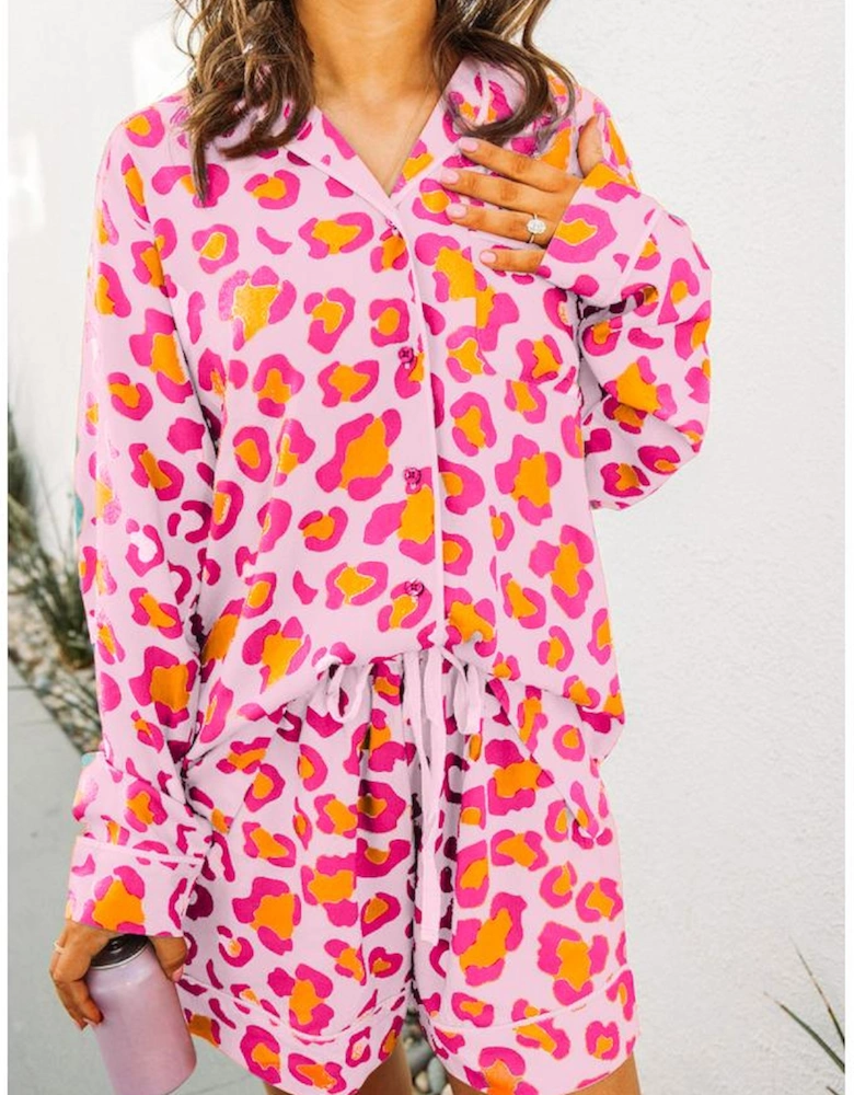 Pink Leopard Print Long Sleeve Shirt and Shorts Pajama Set