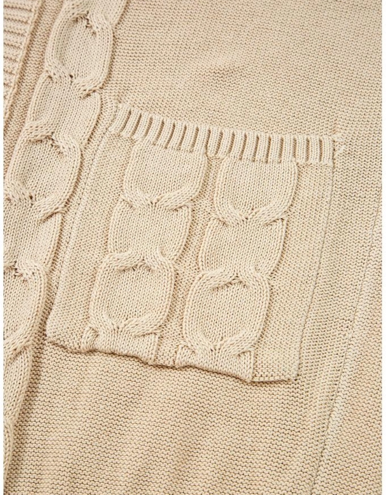Parchment Cable Knit Braided Tie Sleeve Plus Size Open Cardigan