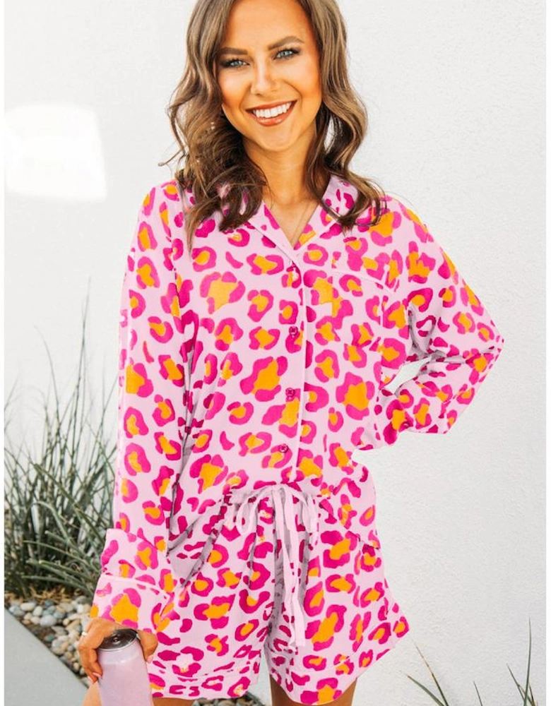 Pink Leopard Print Long Sleeve Shirt and Shorts Pajama Set