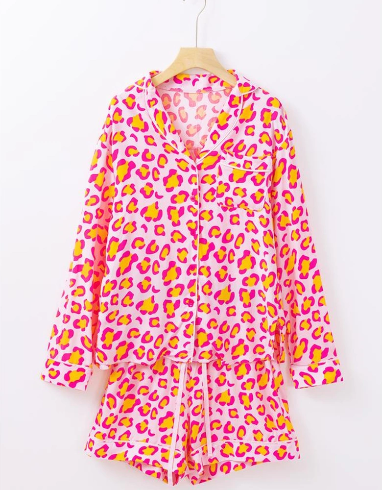Pink Leopard Print Long Sleeve Shirt and Shorts Pajama Set