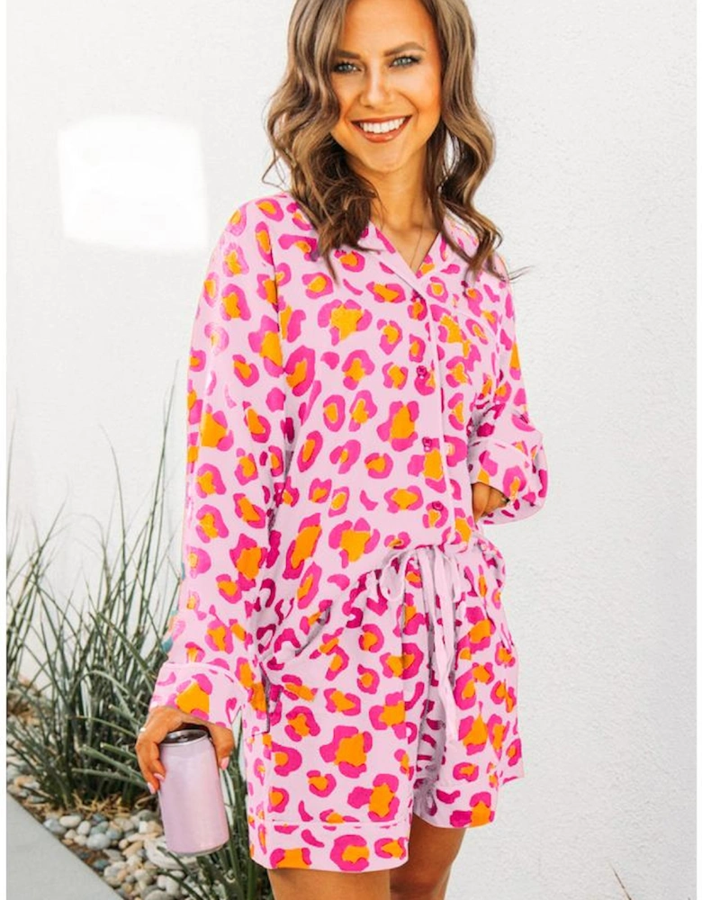 Pink Leopard Print Long Sleeve Shirt and Shorts Pajama Set