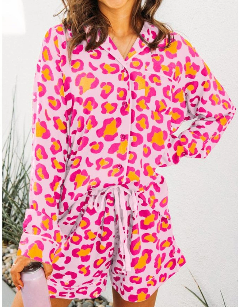 Pink Leopard Print Long Sleeve Shirt and Shorts Pajama Set