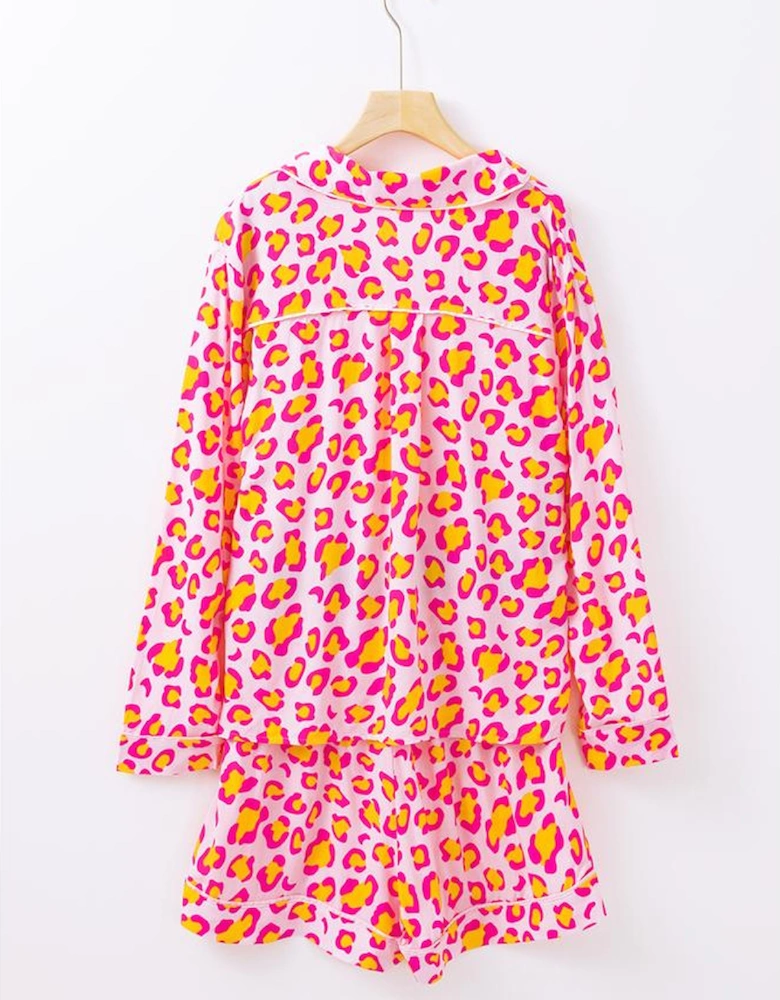 Pink Leopard Print Long Sleeve Shirt and Shorts Pajama Set
