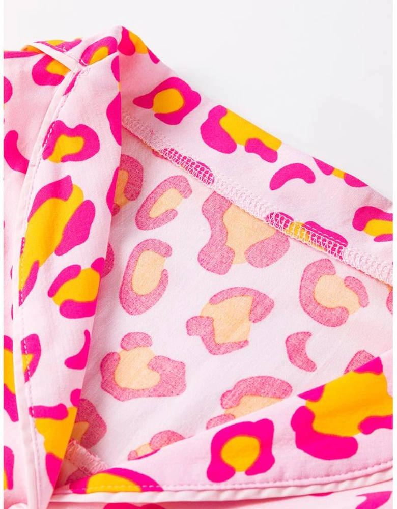 Pink Leopard Print Long Sleeve Shirt and Shorts Pajama Set