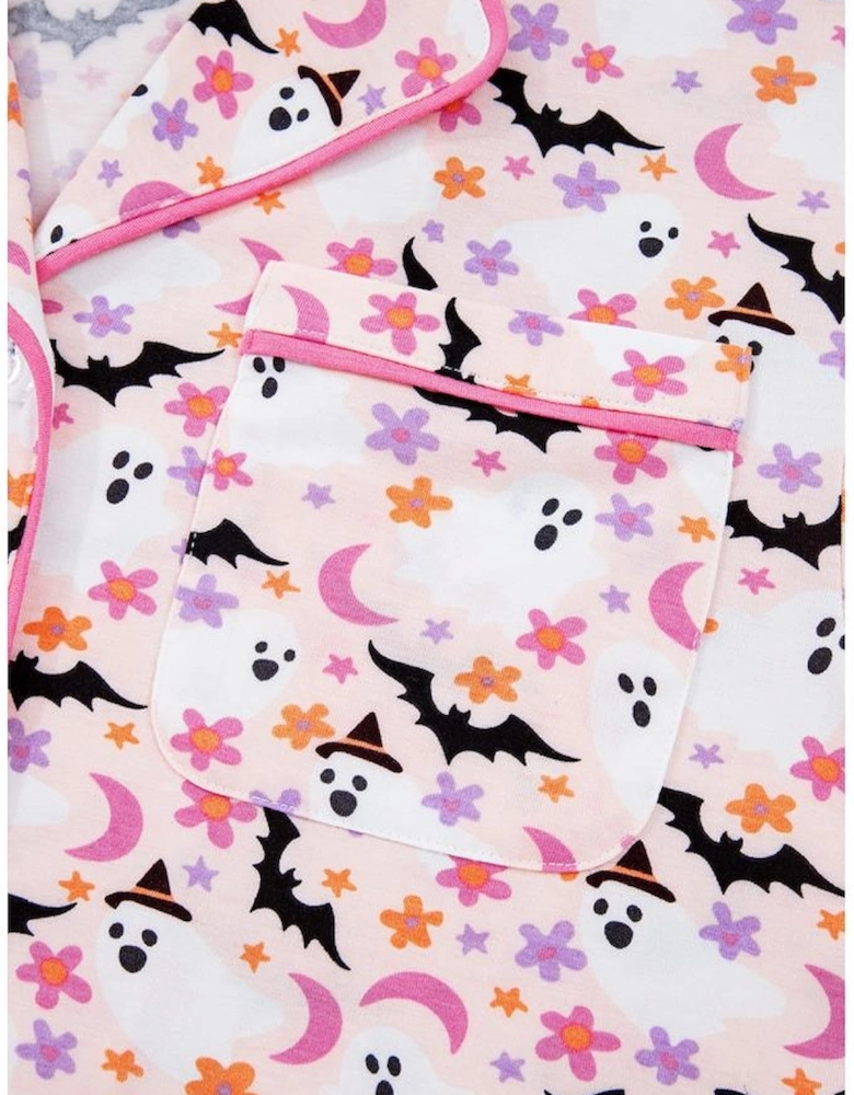 Pink Halloween Eve Haunted Honey Bat Print Pajama Set