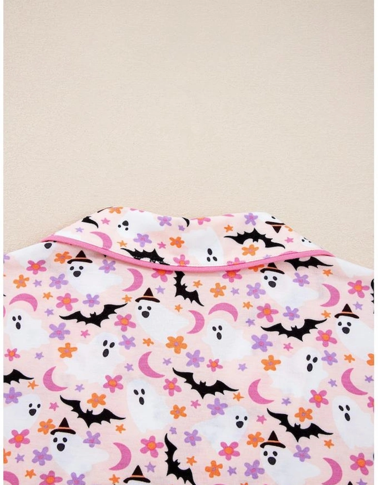 Pink Halloween Eve Haunted Honey Bat Print Pajama Set