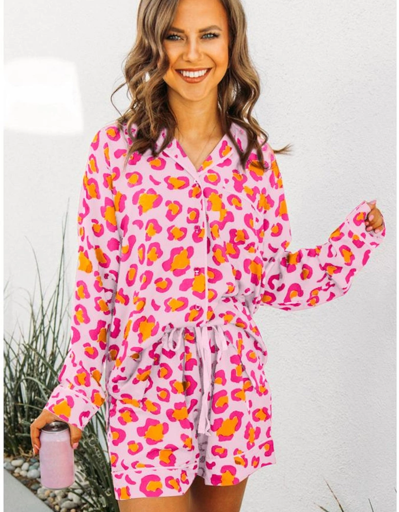 Pink Leopard Print Long Sleeve Shirt and Shorts Pajama Set