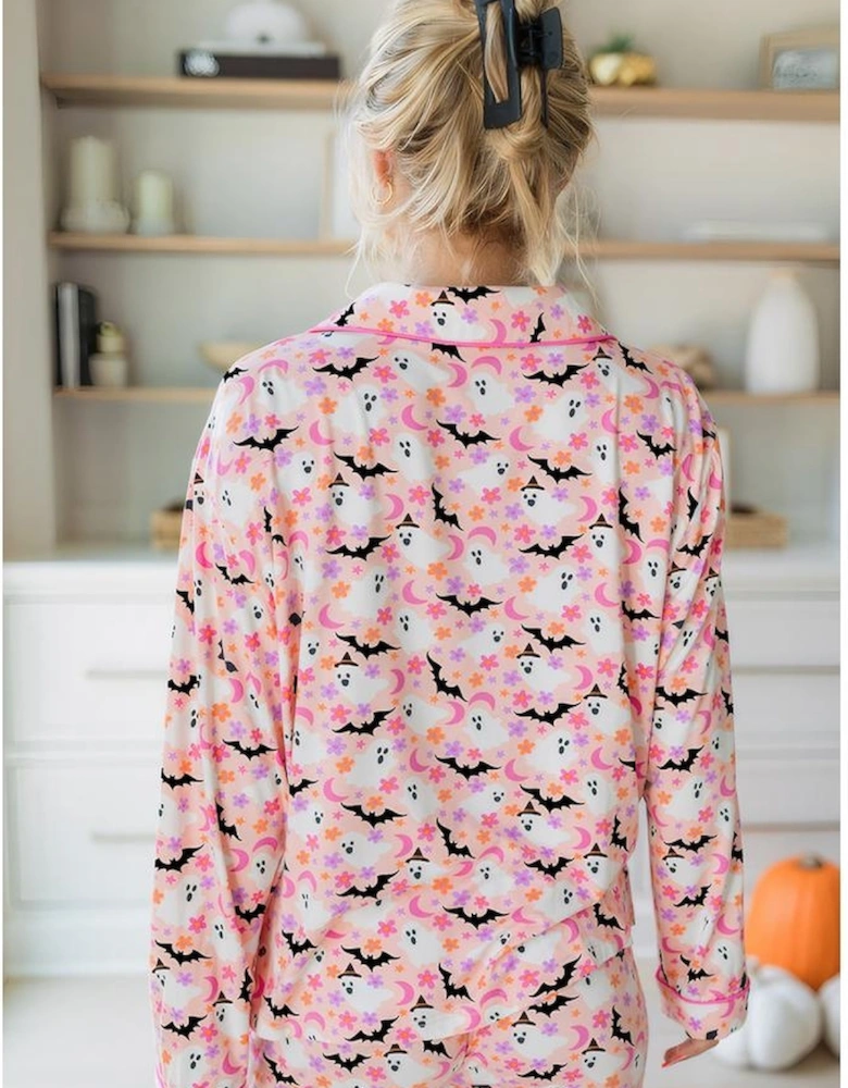 Pink Halloween Eve Haunted Honey Bat Print Pajama Set