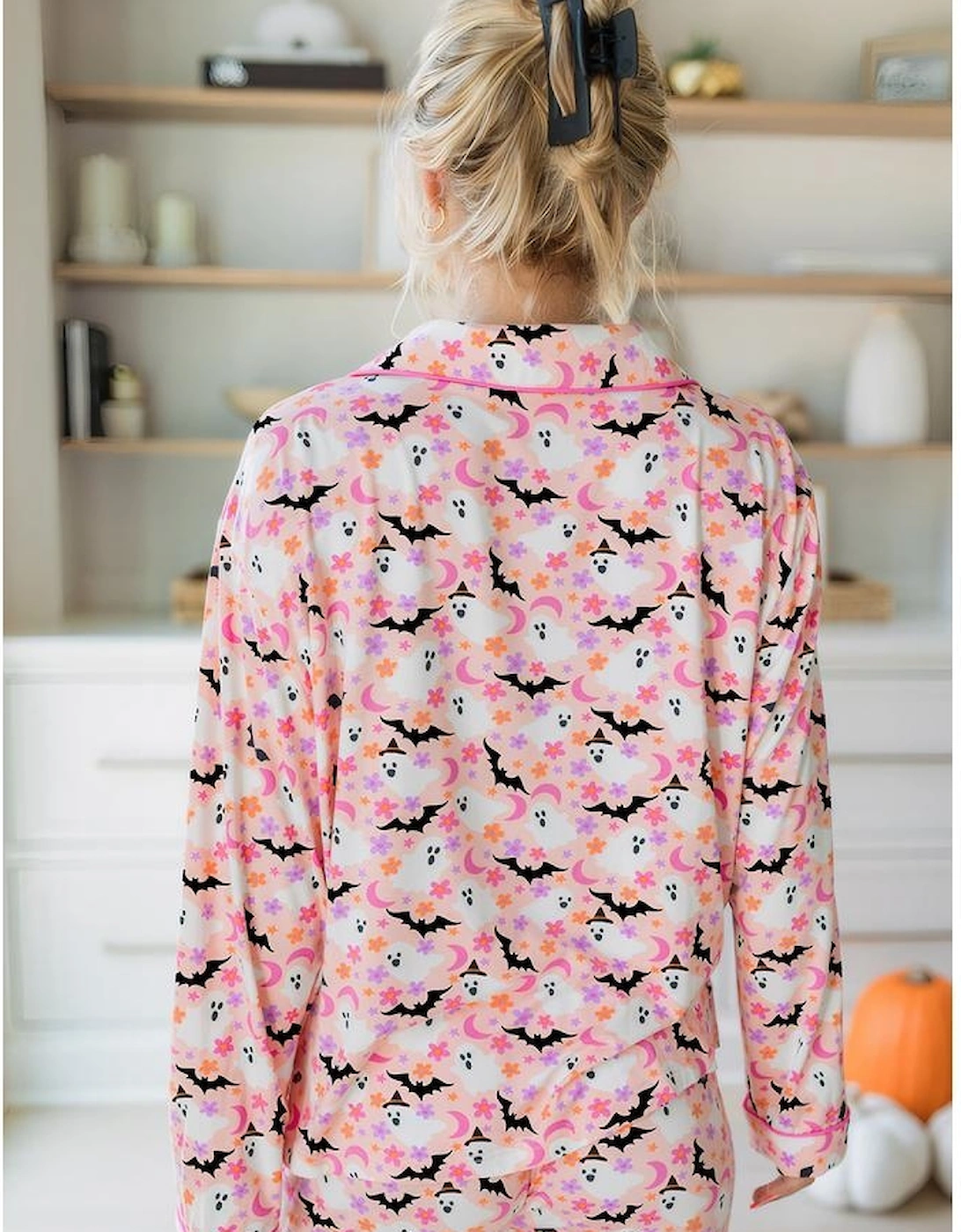 Pink Halloween Eve Haunted Honey Bat Print Pajama Set, 16 of 15