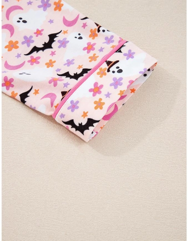 Pink Halloween Eve Haunted Honey Bat Print Pajama Set