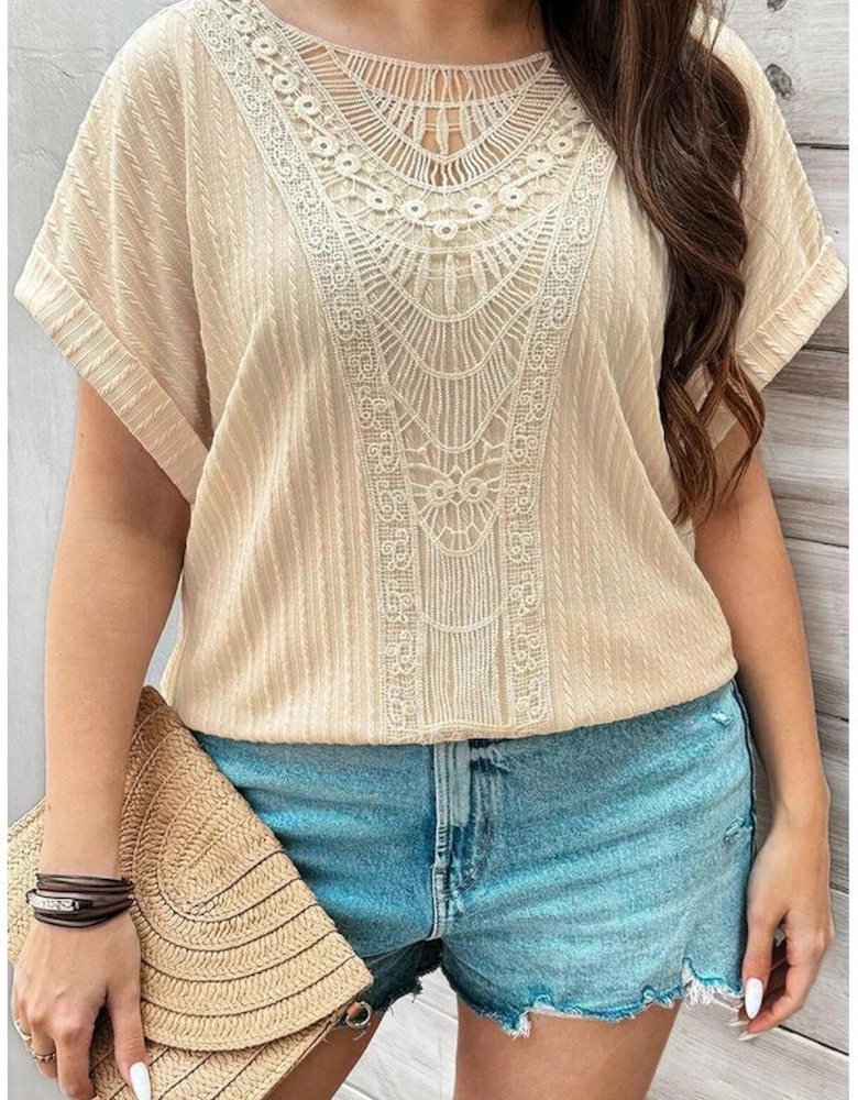 Beige Lace Crochet Patched Cable Textured Cuffed Short Sleeve Plus Size Top