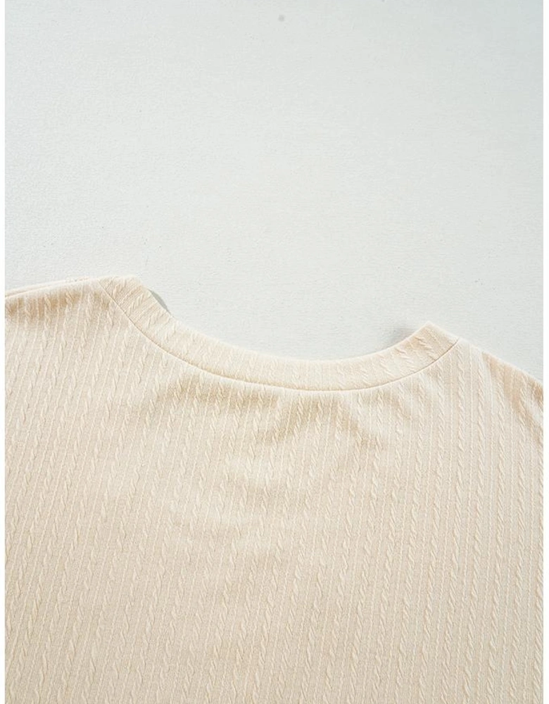 Beige Lace Crochet Patched Cable Textured Cuffed Short Sleeve Plus Size Top